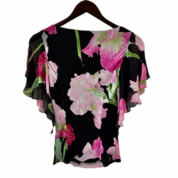 Carmen Marc Valvo Black Floral Print Draped Neck Embellished Silk Top Size 4 - Picture 5 of 8